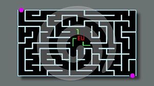 Maze With red text and green lines and possible Solution -EU