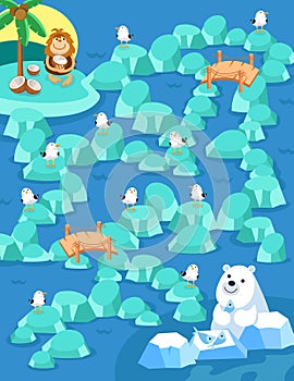 Maze with sea and animals. Activity for children. Puzzle game for kids. Help the monkey get to the bear. On the way she