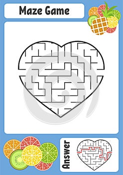 Maze in the shape of a heart. Kids worksheets. Activity page. Game puzzle for children. Appetizing tropical fruits. Labyrinth conu