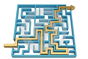 Maze and solution on white background. 3D illustration.