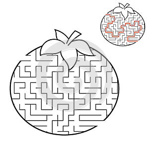 Maze Tomato. Game for kids. Puzzle for children. Cartoon style. Labyrinth conundrum. Black and white vector illustration. With