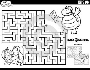 Maze with turtle studying for a geography test coloring page