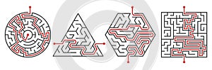 Maze ways. Red line pathfinding. Kids educational labyrinth games. Different shapes puzzles. Right solutions. Searching photo