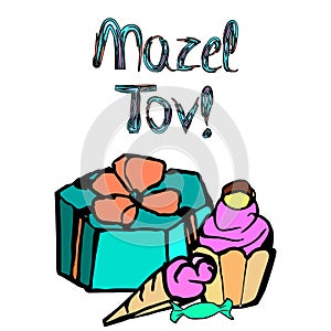 Mazel Tov inscription Hebrew translation I wish you happiness. A gift, a piece of cake, ice cream, candy. Birthday card