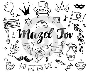Mazel tov lettering, Jewish holiday hand drawn items set, vector illustration