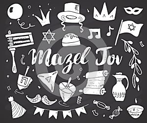 Mazel tov lettering, Jewish holiday hand drawn items set, vector illustration on chalkboard background