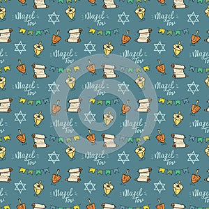 Mazel tov seamless pattern, Jewish holiday hand drawn items, vector illustration