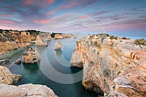 Mazing landscape at sunset at Marinha Beach in the Algarve, Portugal.