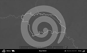 Mazyr District outlined, Belarus. Grayscale