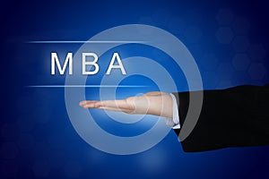 MBA or Master of Business Administration button on blue background photo