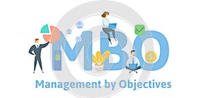 MBO, Management by Objectives. Concept with people, letters and icons. Flat vector illustration. Isolated on white