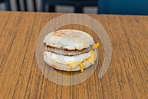 Mcdonalds McMuffin with pork and egg. McMuffin is breakfast sandwich in McDonald