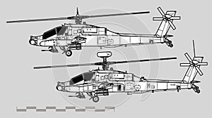 McDonnell Douglas AH-64 Apache. Vector drawing of anti-tank helicopter. Image for illustration and infographics