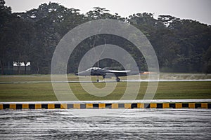 McDonnell Douglas F-15SG F-15E Strike Eagle Fighter Plane Full Afterburner Takeoff in Rain