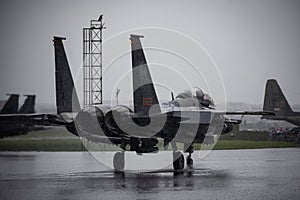 McDonnell Douglas F-15SG F-15E Strike Eagle Fighter Plane Takeoff in Storm