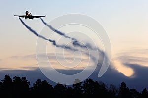 Mcdonnell Douglas MD-11F civil cargo airplane landing with vortexes coming from wingtips