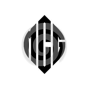 MCG circle letter logo design with circle and ellipse shape. MCG ellipse letters with typographic style. The three initials form a