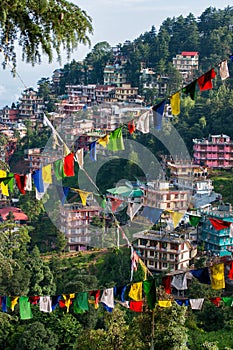 Mcleod Ganj and prayer flags, India