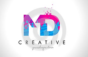 MD M D Letter Logo with Shattered Broken Blue Pink Texture Design Vector.