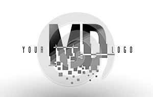 MD M D Pixel Letter Logo with Digital Shattered Black Squares