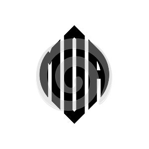 MDA circle letter logo design with circle and ellipse shape. MDA ellipse letters with typographic style. The three initials form a