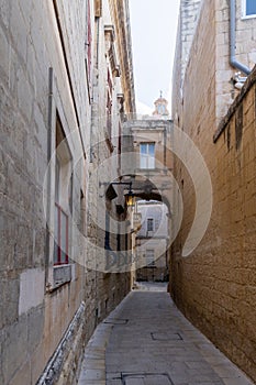 Mdina cobblestone medieval streets Malta. Mediterranean historic, touristic city