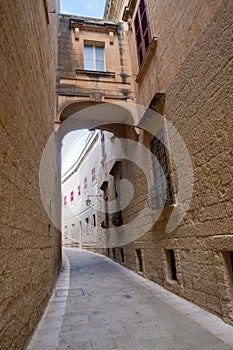 Mdina cobblestone medieval streets Malta. Mediterranean historic, touristic city