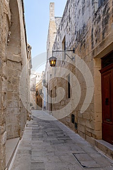 Mdina cobblestone medieval streets Malta. Mediterranean historic, touristic city