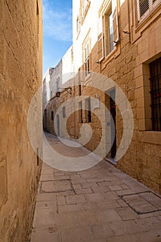 Mdina cobblestone medieval streets Malta. Mediterranean historic, touristic city