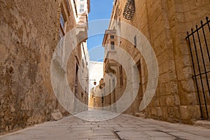 Mdina cobblestone medieval streets Malta. Mediterranean historic, touristic city