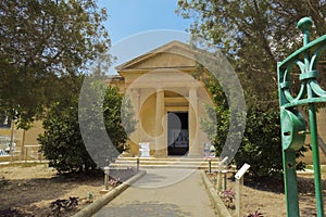 Mdina Rabat, Malta - August 04 2016: Domvs Romana museum facade. Day view of entrance to Roman ruins aristocratic house museum wit