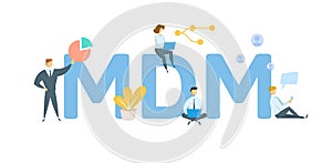 MDM, Mobile Device Management. Concept with keyword, people and icons. Flat vector illustration. Isolated on white.