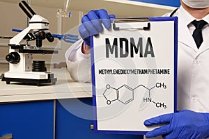 MDMA Methylenedioxymethamphetamine is shown using the text and chemical formula. Ecstasy photo