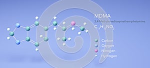 mdma molecule, molecular structures, ecstasy, 3d model, Structural Chemical Formula and Atoms with Color Coding
