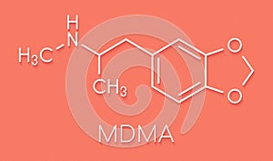 MDMA XTC, E, ecstasy party drug molecule. Full chemical name is 3,4-methylenedioxymethamphetamine. Skeletal formula.