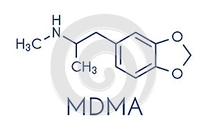 MDMA XTC, E, ecstasy party drug molecule. Full chemical name is 3,4-methylenedioxymethamphetamine. Skeletal formula.