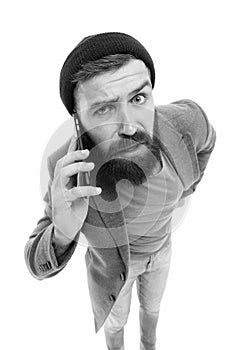 For me blogging is just like talking. Hipster holding smartphone for mobile blogging. Bearded man blogging on popular