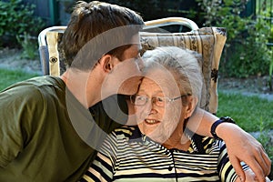 Me and grandma, boy visits his great-grandma