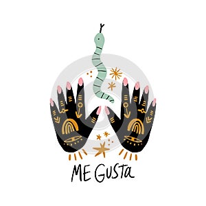 Me gusta handwritten lettering text. Hand drawn female witch hands with gold flash tattoo and snake. Print, sticker, patch. Vector photo