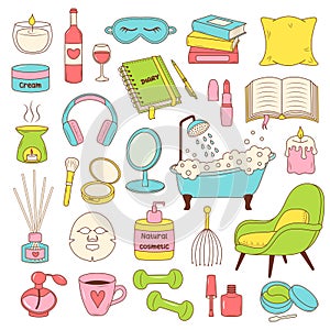 Me Time, relax, self care cartoon doodle set. Color line icons of hygge items.