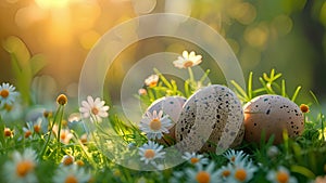 Meadow adorned with Easter egg treasure. Easter eggs nestled in vibrant grass.