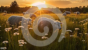 Meadow beauty sheep grazing, green grass, sunset, cute lambs generated by AI