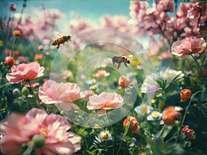 A meadow of blooming field poppies attracting bees and insects