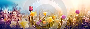 Meadow with blossoming tulip and daffodils on blurred sky in morning at sunrise. Floristic decoration. Natural floral background.