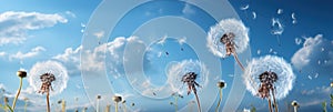 Meadow, blue sky and group of dandelions blowing in the wind