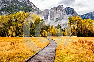 Meadow with boardwalk in Yosemite National Park Valley at autumn