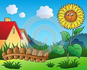 Meadow with cartoon sunflower