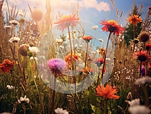 Meadow of colorful flowers in summer, seen from below, wildflowers, vibrant colors, warm tones created with ai