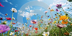 Meadow of colorful flowers in summer, seen from below, wildflowers, vibrant colors, warm tones created with ai