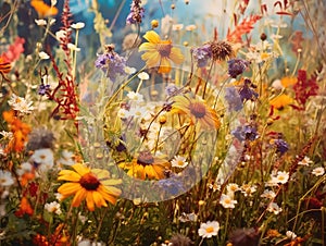 Meadow of colorful flowers in summer, seen from below, wildflowers, vibrant colors, warm tones created with ai